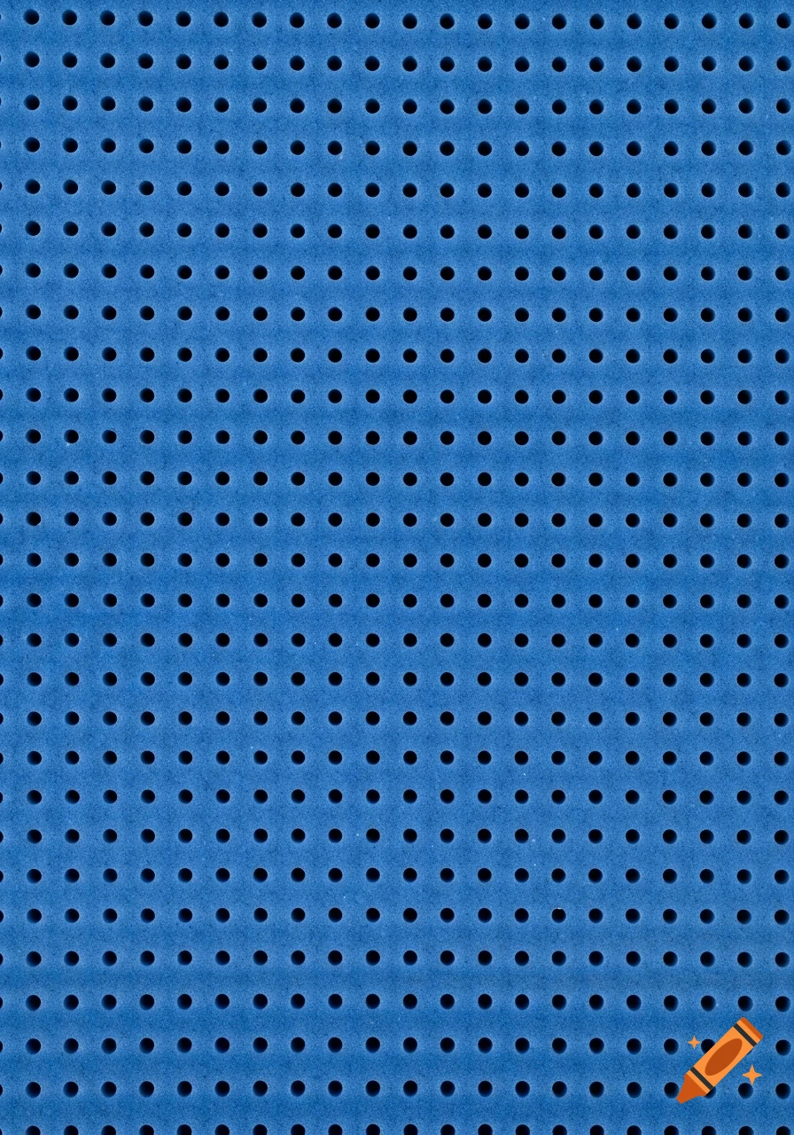 Close-up of a blue foam panel with a grid of small, perfectly straight holes, creating a uniform texture.