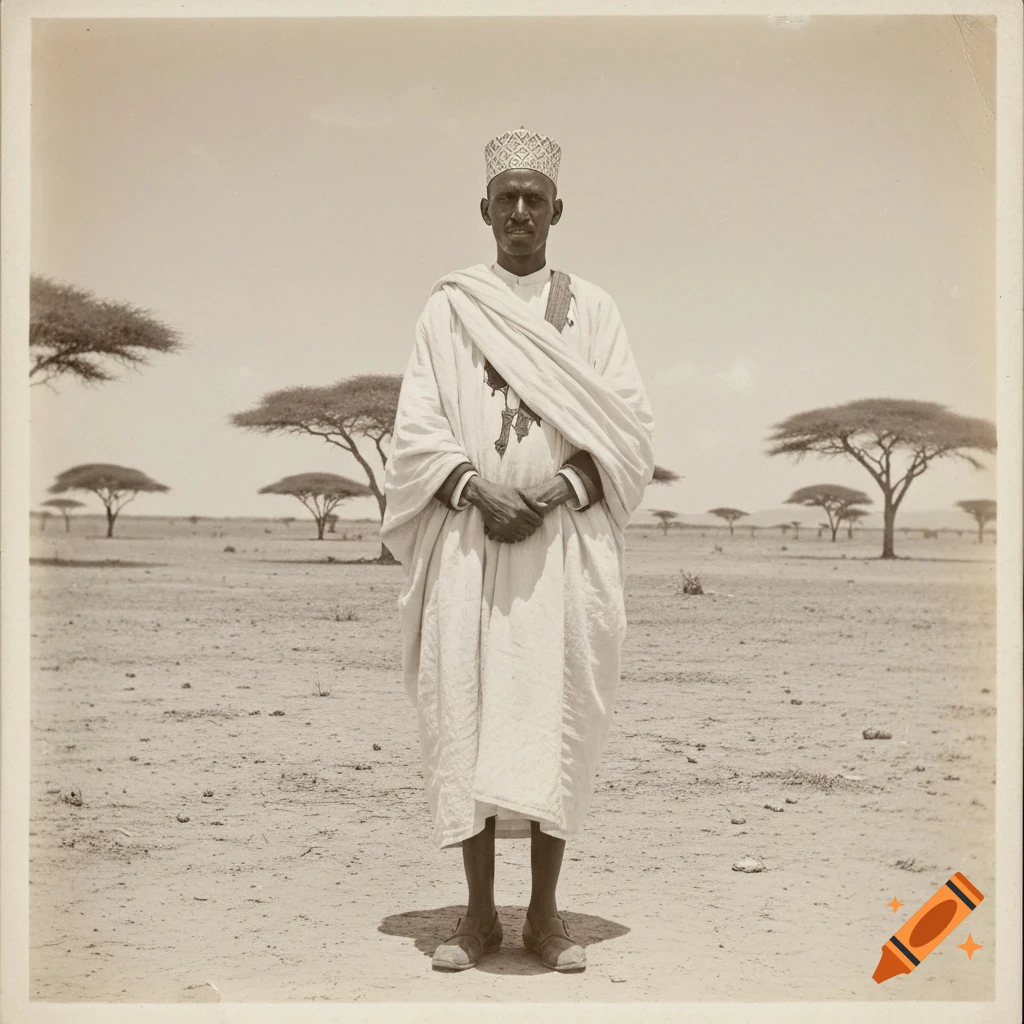 Ancient sepia-toned photo of a man in traditional white robes and a patterned cap standing in a barren, treed desert.