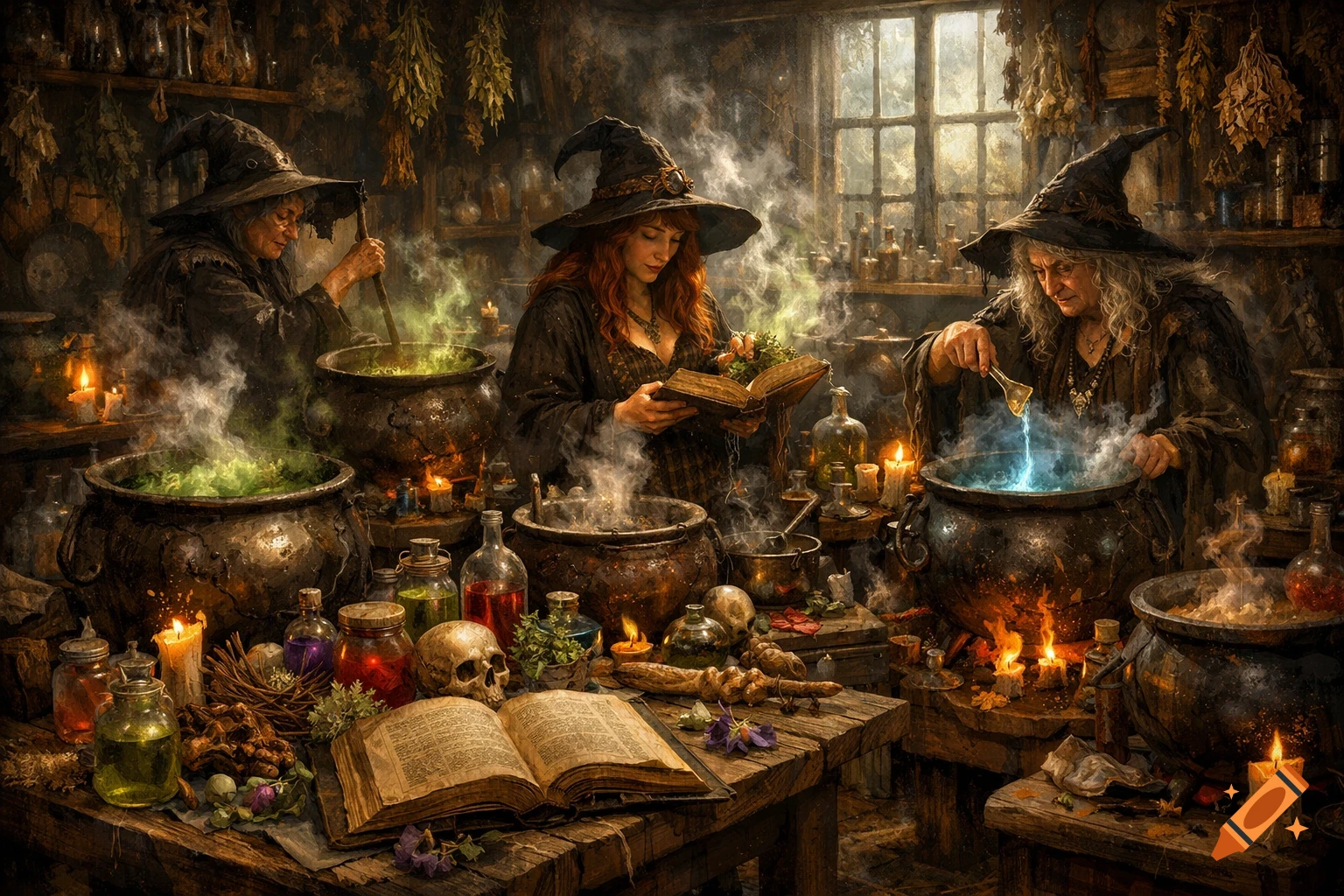 Three witches brew potions in a dimly lit, cluttered alchemical kitchen, surrounded by spell books, ingredients, and bubbling cauldrons.