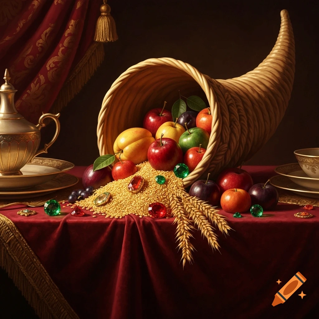 A rich still life with a cornucopia spilling apples, plums, grains, and colorful jewels onto a red tablecloth, with a golden teapot and curtain.