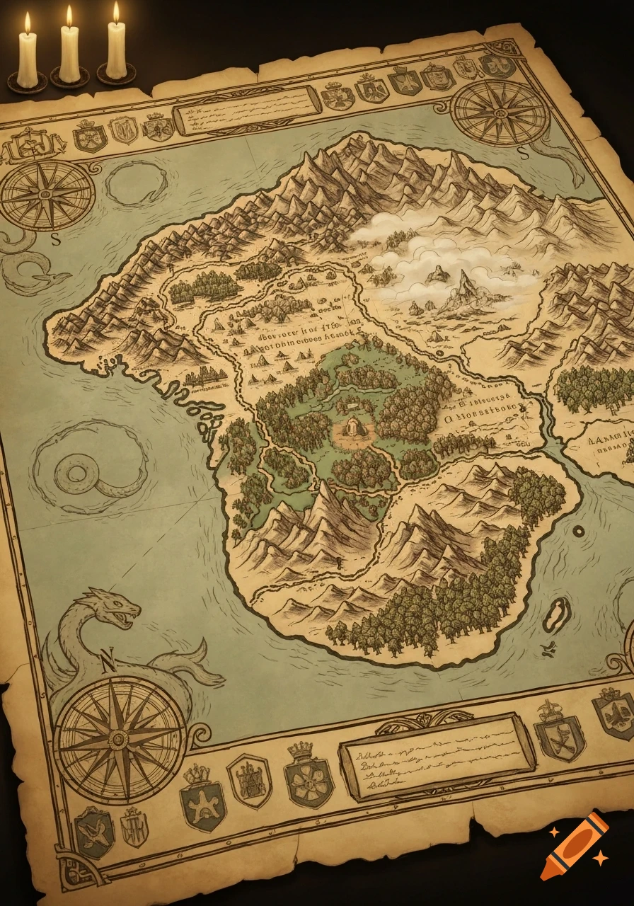 An overhead view of an old-style fantasy map on parchment, illuminated ...