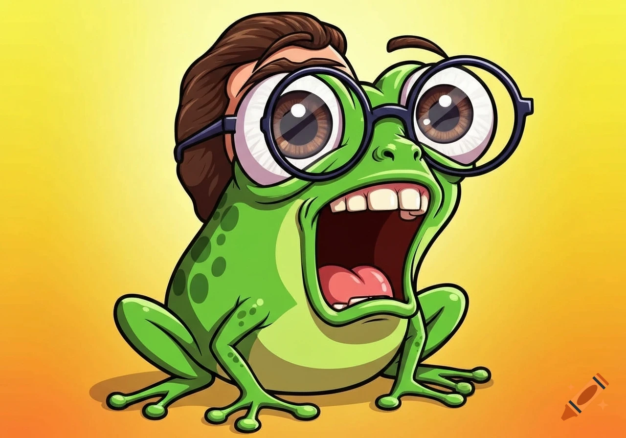 Cartoon green frog with an exaggerated human-like head, huge eyes, round glasses, and an open mouth on a yellow-orange gradient.