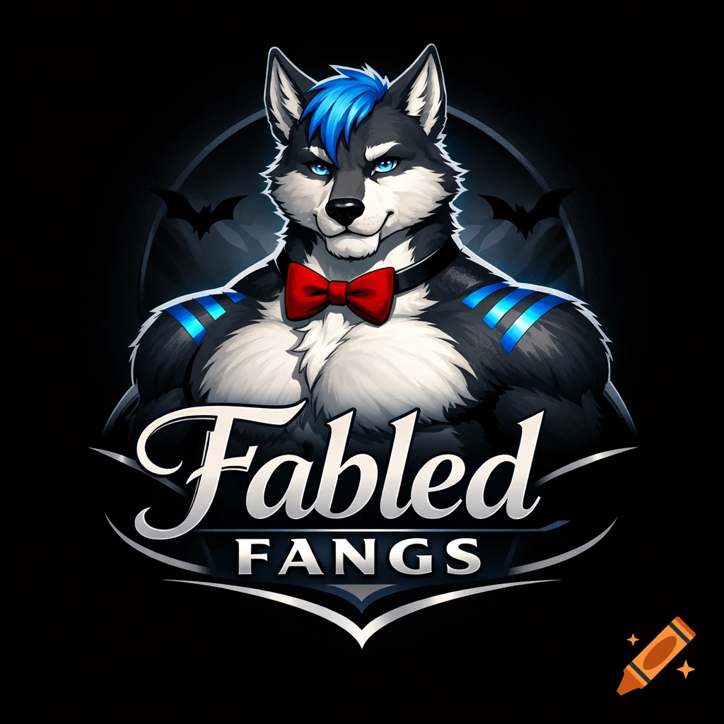 A detailed logo of a muscular anthropomorphic wolf with gray and white fur, blue hair, a red bow tie, and blue shoulder stripes, with 'Fabled Fangs' text.