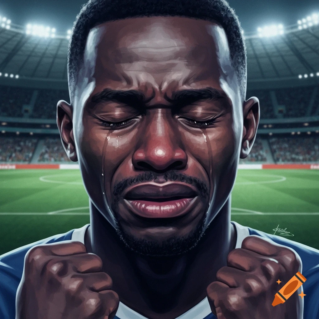 Stylized illustration of a dark-skinned man with eyes closed, crying with tears and clenched fists in a soccer stadium.