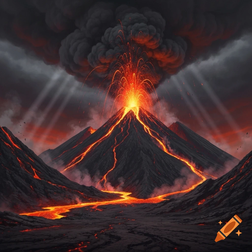 A dramatic volcanic eruption, with bright orange lava flowing down dark, jagged mountains under a dark, smoke-filled sky with rays of light breaking through.