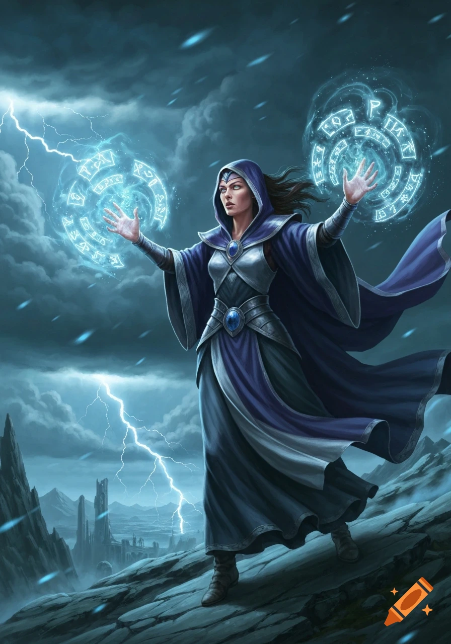 A female wizard in a hooded robe casts glowing runic spells during a thunderstorm on a rocky mountain, against a dark, cloudy sky.