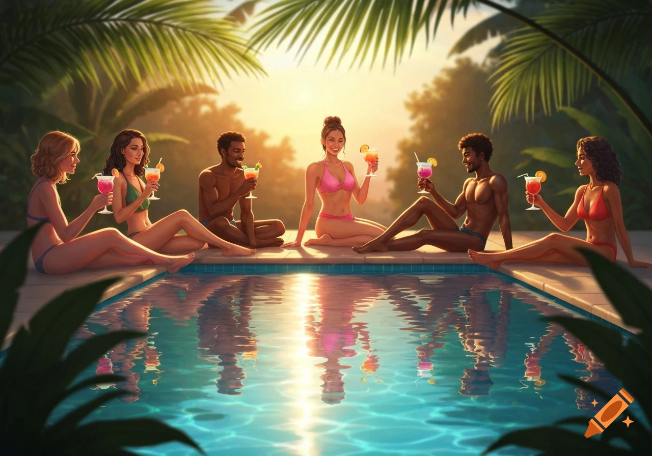 Six people, three men and three women, in swimwear sit around a swimming pool in a tropical setting, holding colorful cocktails under a golden sky.