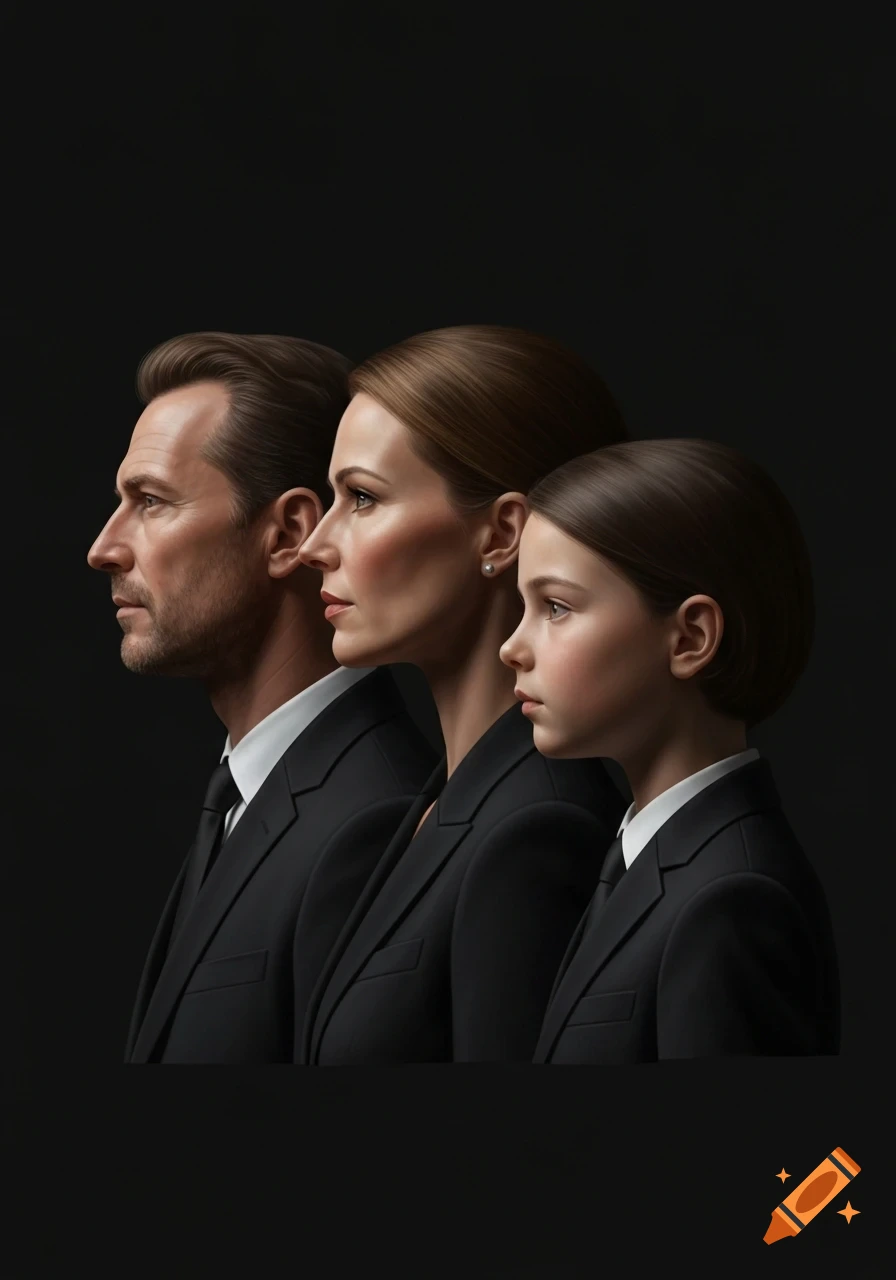 Photorealistic studio portrait of a man, woman, and child in black suits, in profile, looking left against a dark background.
