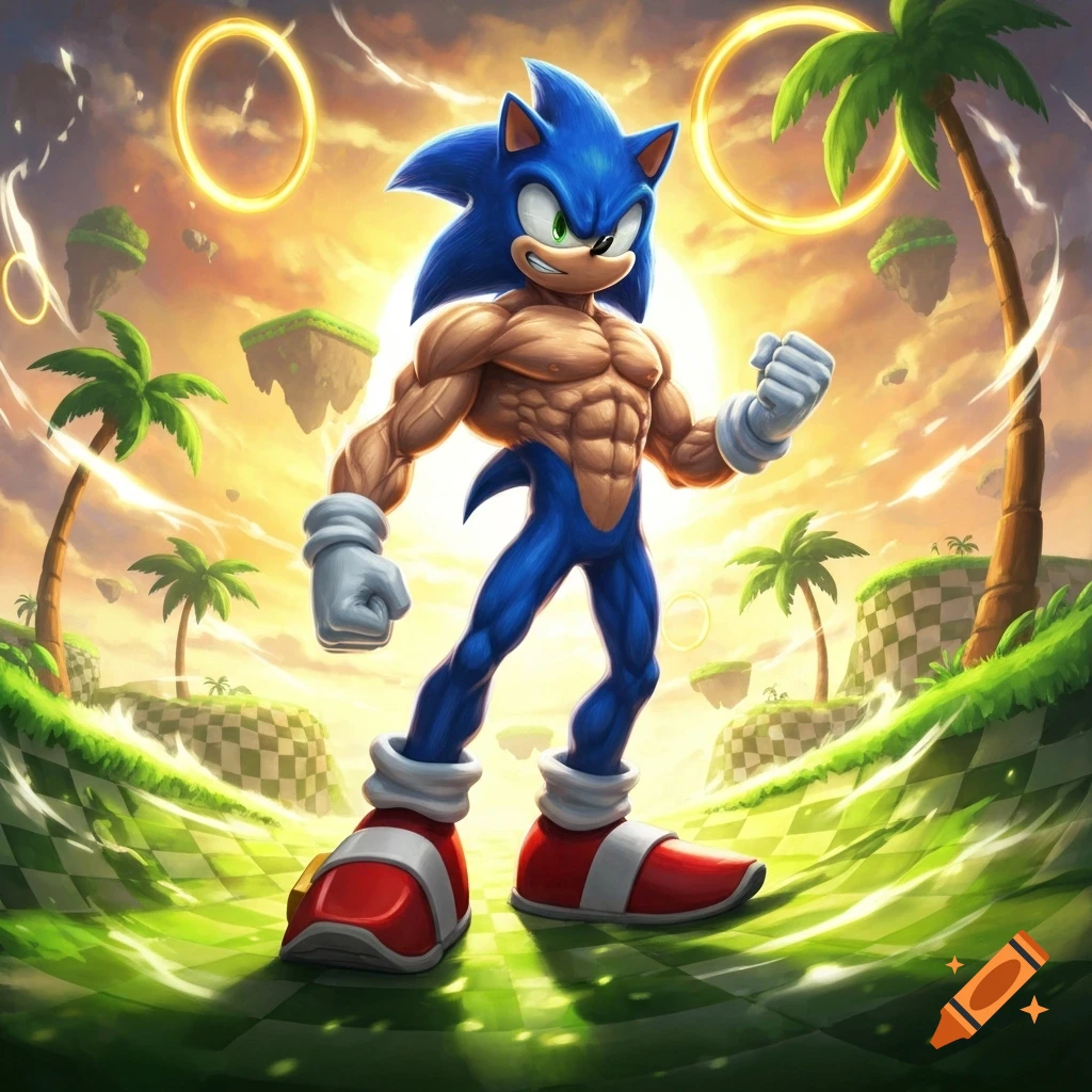 Buff Sonic the Hedgehog poses heroically in a vibrant, illustrative style amidst floating islands and golden rings at sunset.