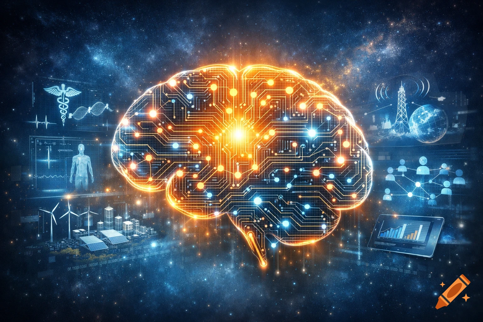 A glowing circuit board brain surrounded by holographic displays of medical data, a smart city, network, and charts, set against a starry background, symbolizing the benefits of AI and technology.