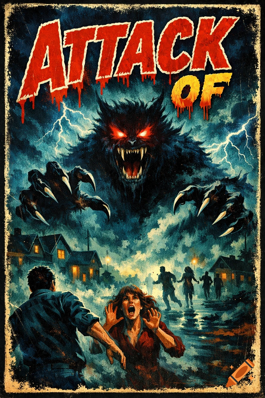 Vintage horror movie poster for 'Attack Of' featuring a giant werewolf with glowing red eyes, lightning, and screaming people fleeing a town.