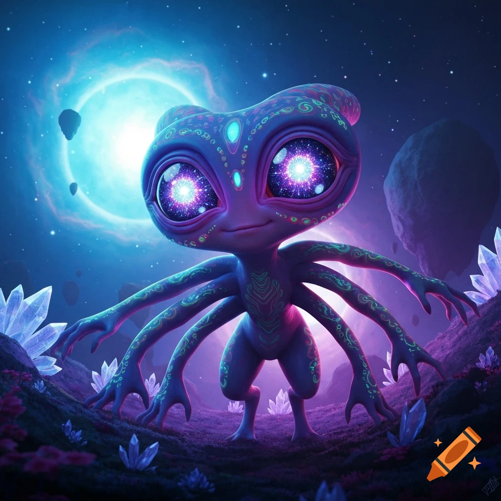 A vibrant, purple-blue alien with large, glowing cosmic eyes and multiple arms stands on a luminous alien landscape with crystals under a bright nebula.