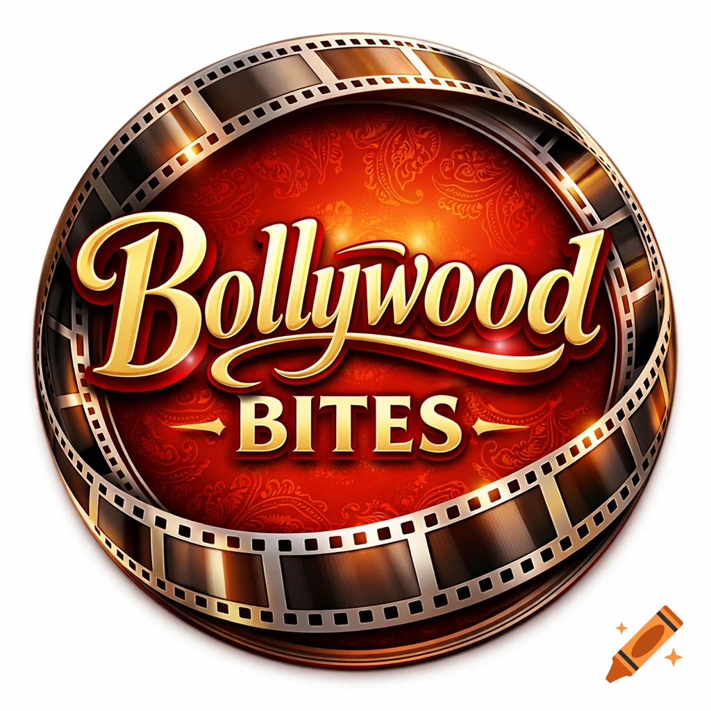 A vibrant circular logo for "Bollywood Bites" with a film reel border on a red patterned background.