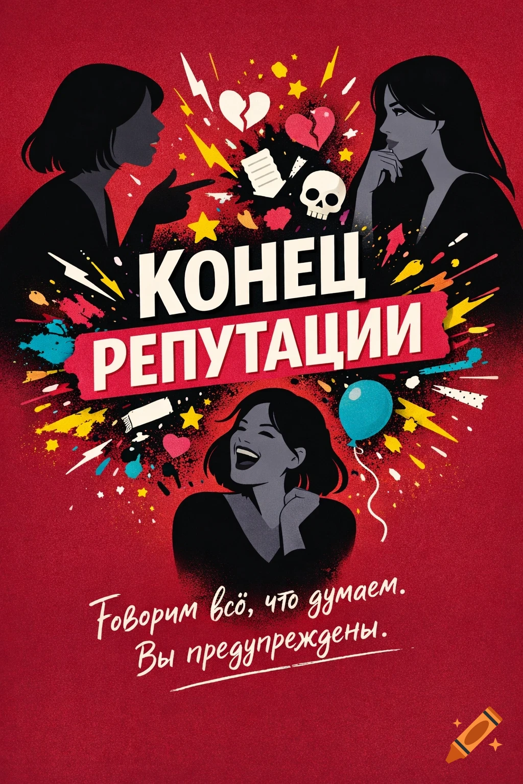 A vibrant, stylized illustration of three women, two in profile gesturing and thinking, and one laughing. Text says "КОНЕЦ РЕПУТАЦИИ" and "Говорим всё, что думаем. Вы предупреждены." Various abstract elements like broken hearts, stars, and lightning bolts burst around them on a red background.