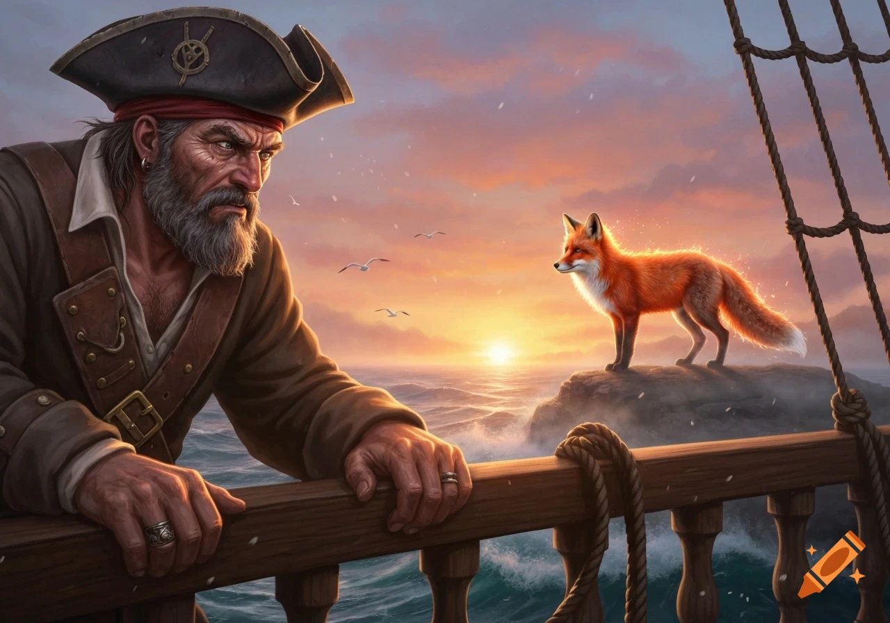A bearded pirate on a ship's deck looks intently at a fox standing on a rock in the ocean at sunset, digital painting.