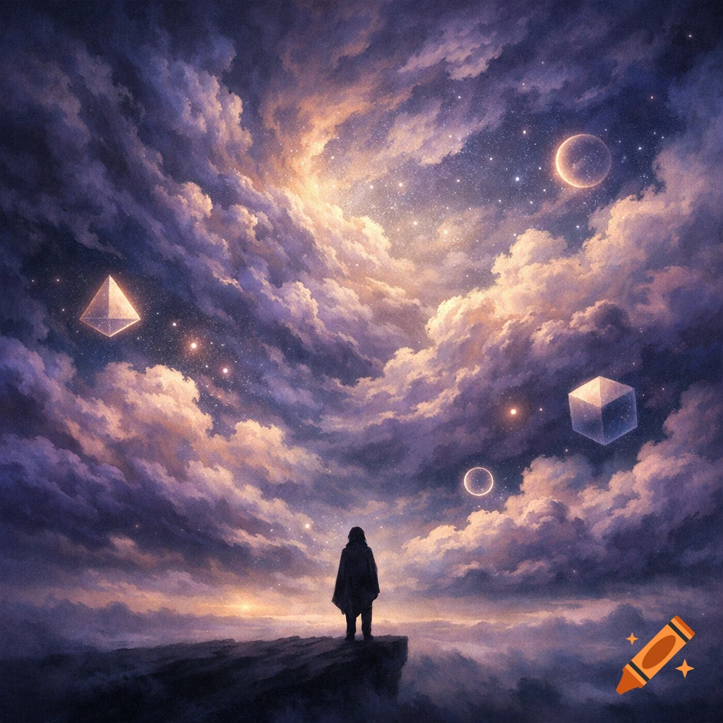 A lone figure stands on a cliff looking at a dramatic, swirling celestial sky with purple and orange clouds, stars, moons, and geometric shapes.