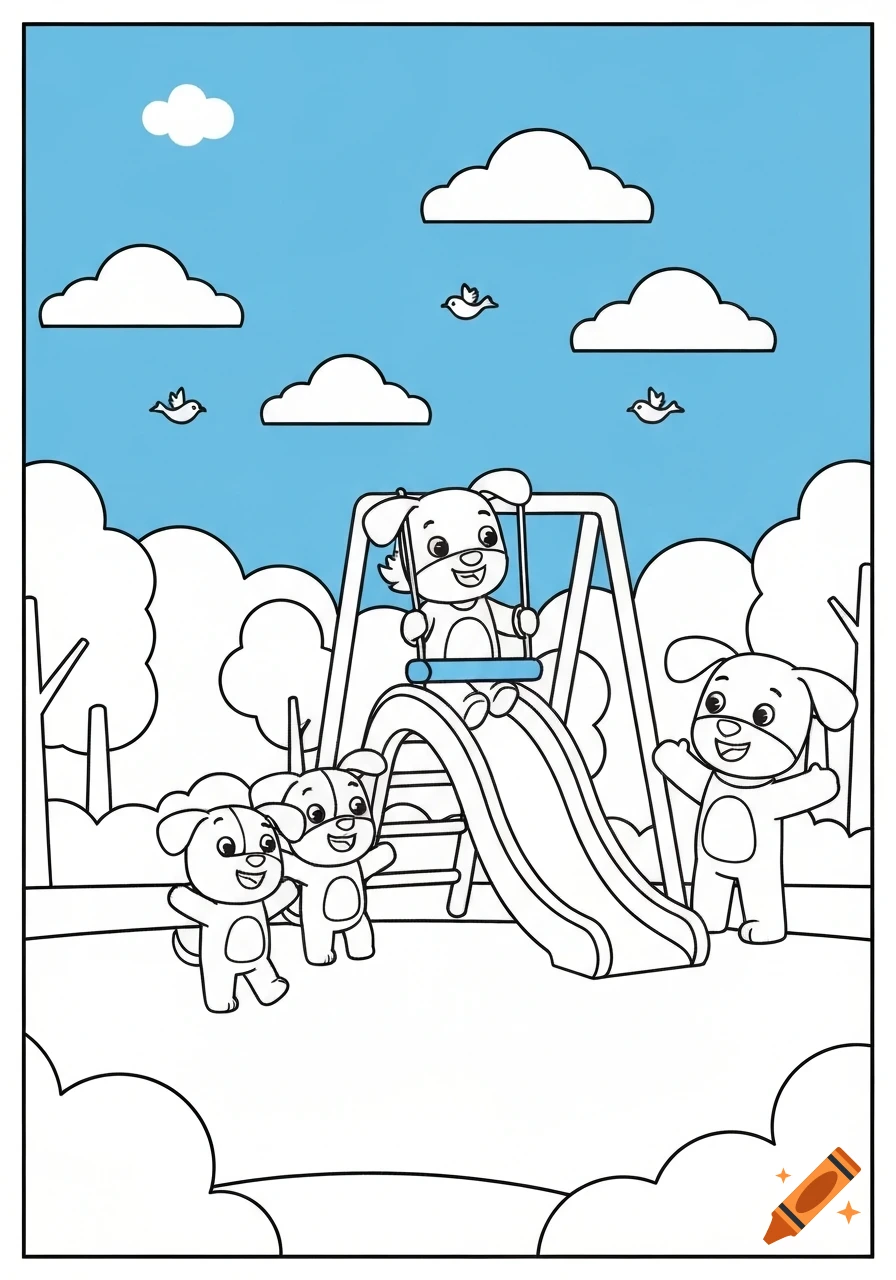Black-and-white line art coloring page shows cartoon puppies playing at a playground, one on a swing, others near a slide, with trees, clouds, and birds in the background.