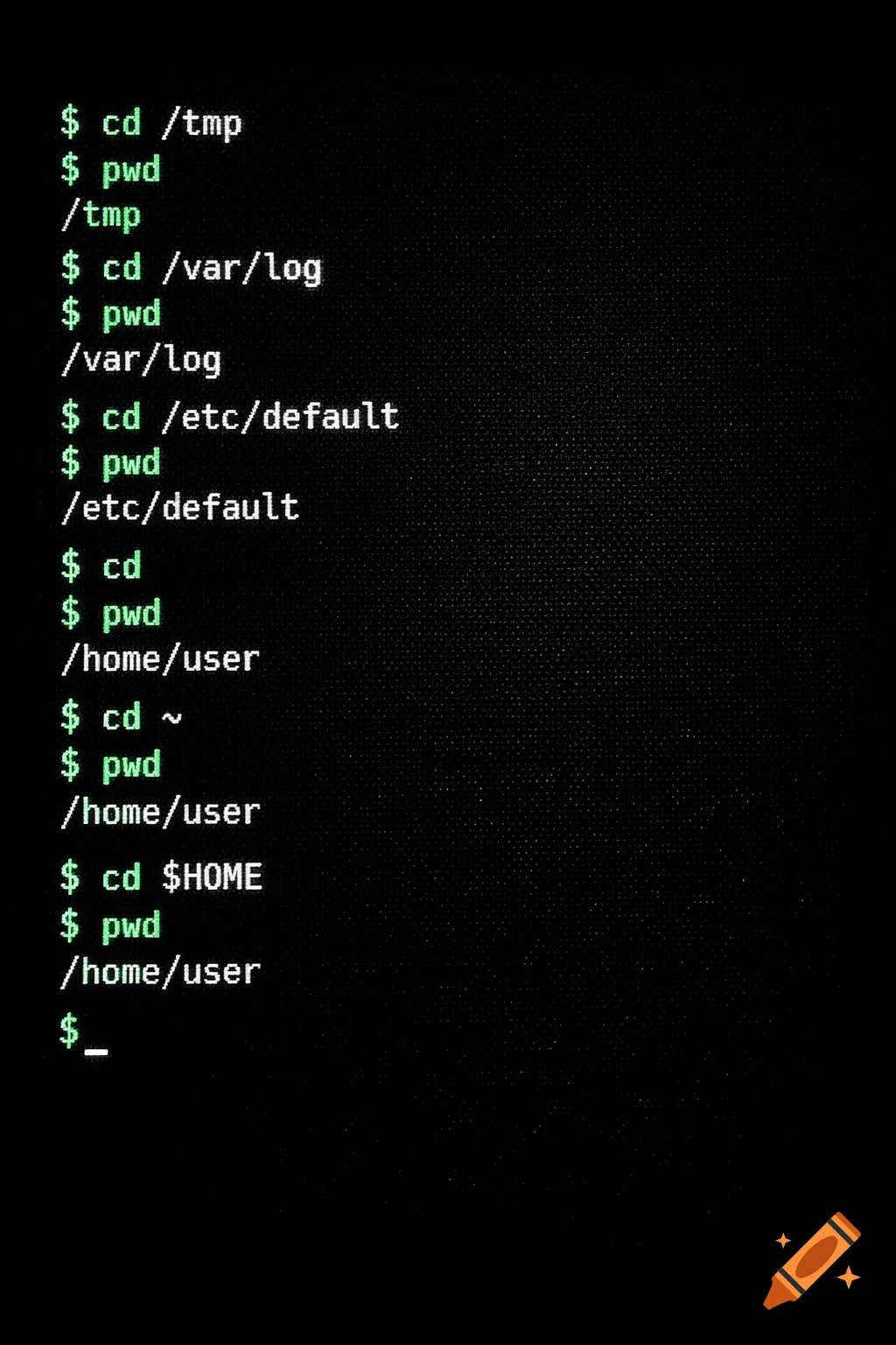 Green text on a black terminal screen showing Linux cd and pwd commands with their outputs.