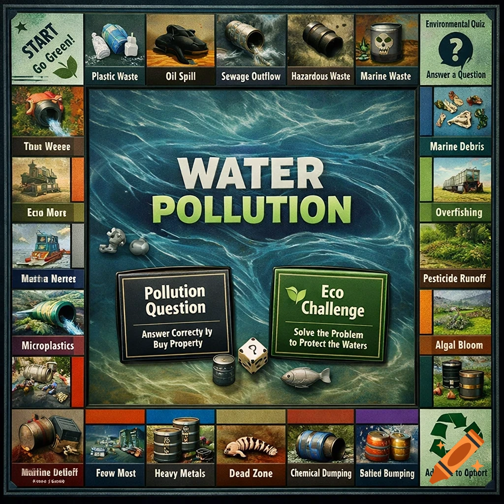 A detailed board game layout themed around water pollution, with spaces representing different types of pollution like 'Plastic Waste' and 'Oil Spill', dice, and question cards.