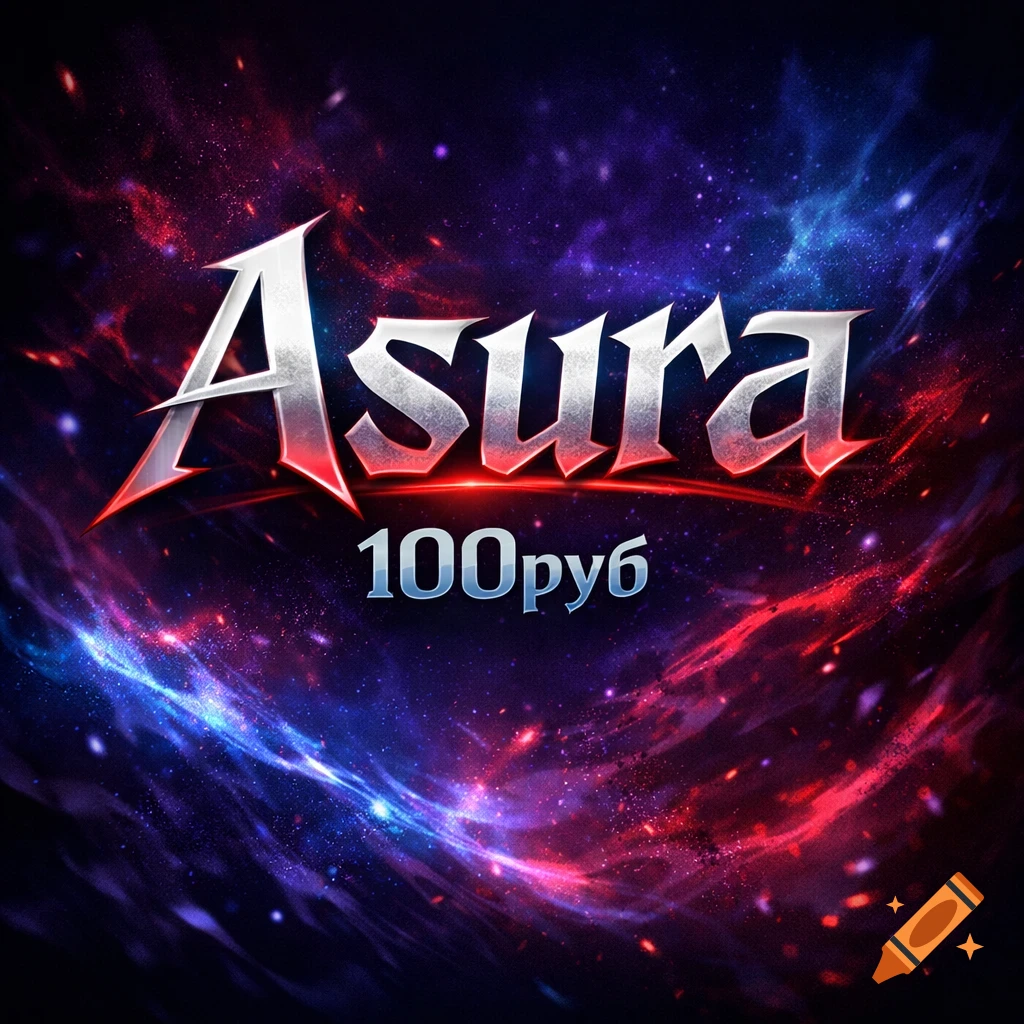 Stylized text "Asura" with "100руб" below, set against a vibrant cosmic background with red and blue nebulae and stars.