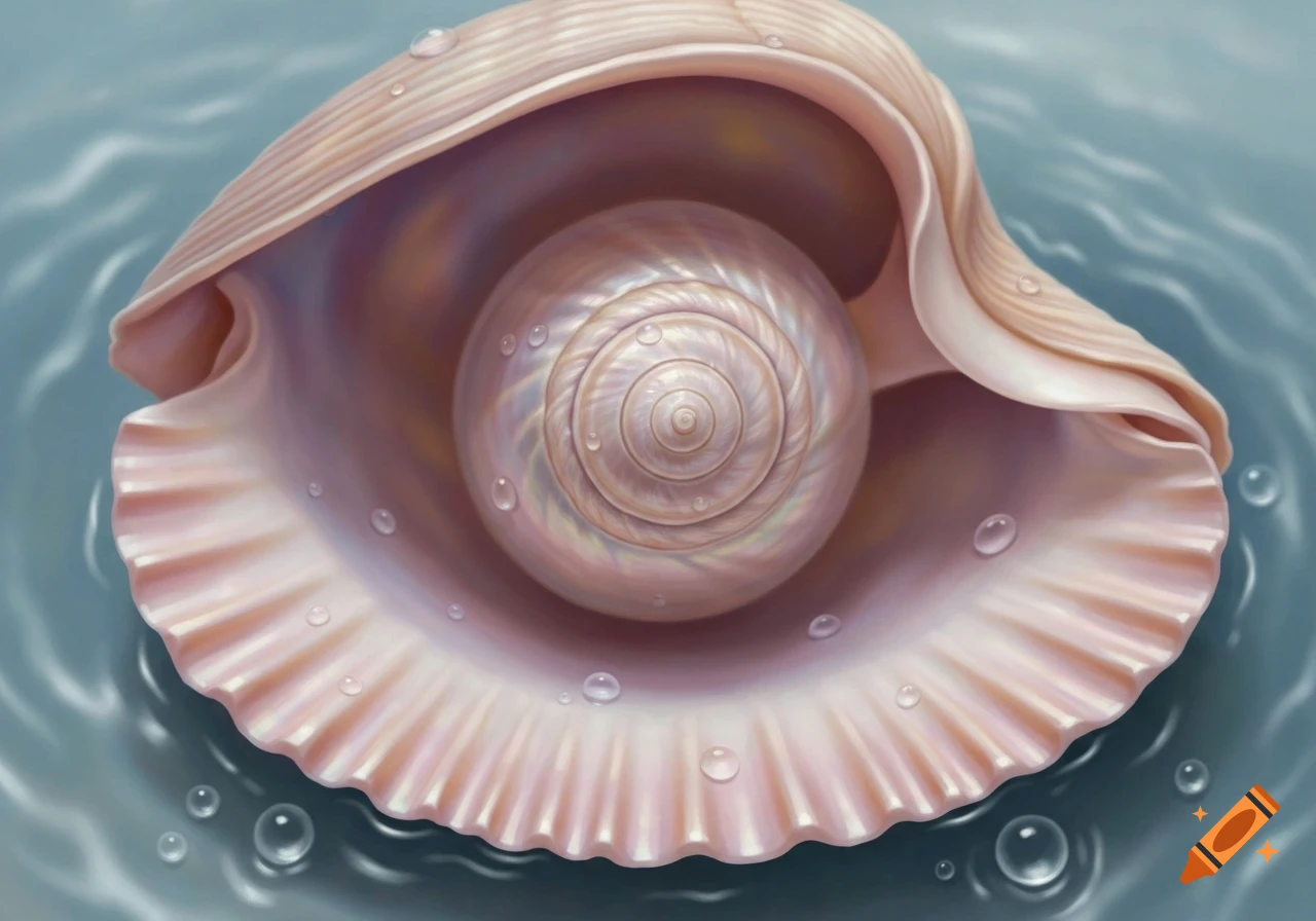 A realistic light pink seashell, semi-open, revealing its spiral interior and water droplets, floating in calm water.