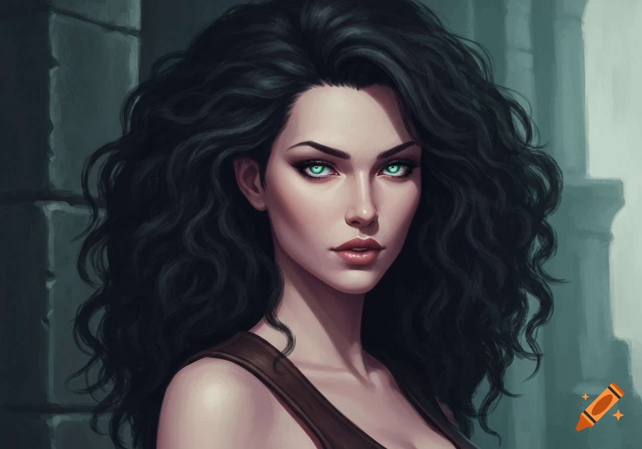 Stylized digital art portrait of a woman with dark wavy hair and bright green eyes, wearing a brown top.