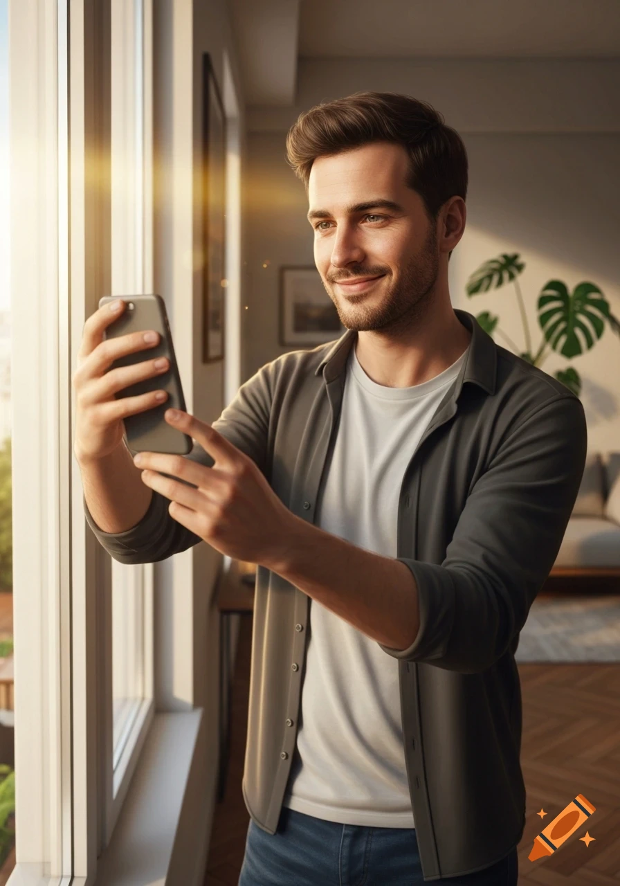 A smiling man taking a selfie with his phone in a sunlit modern room.