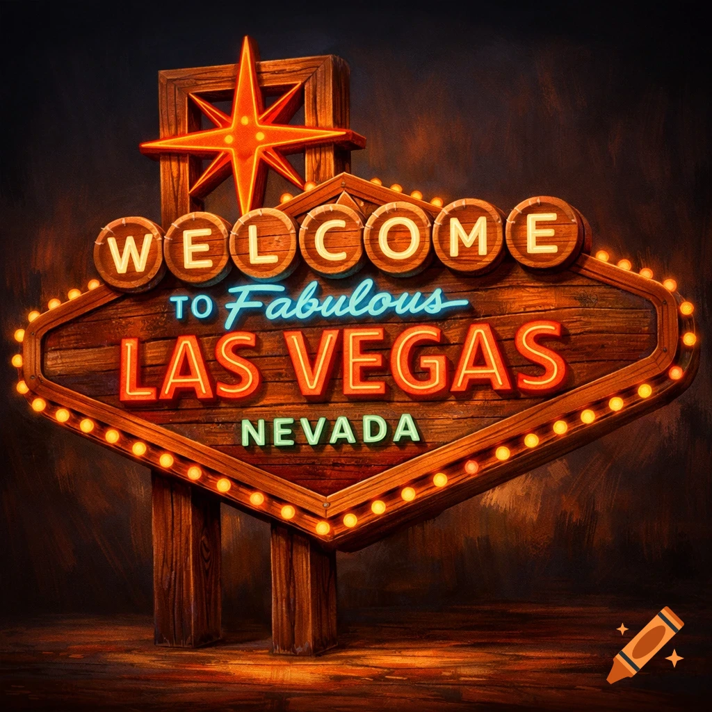 The iconic Welcome to Fabulous Las Vegas Nevada sign, with a wooden texture, glowing neon lights, and a star at the top.