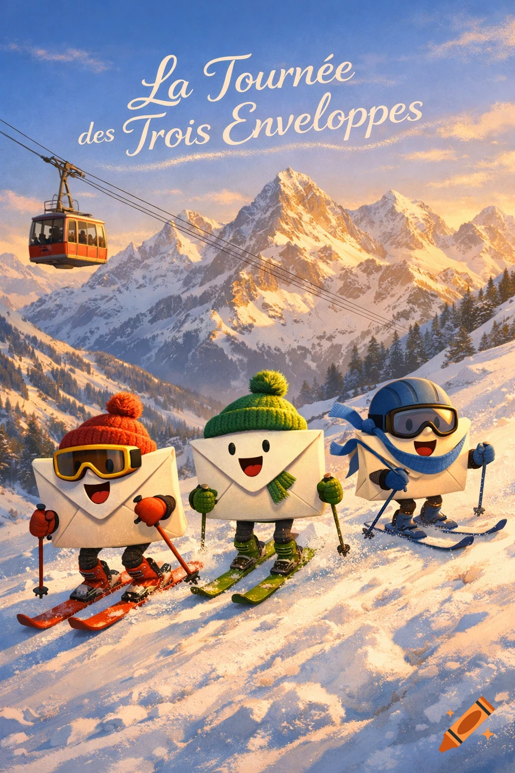 Three happy cartoon envelopes in winter gear ski down a snowy mountain with a cable car and pine trees under a clear sky.