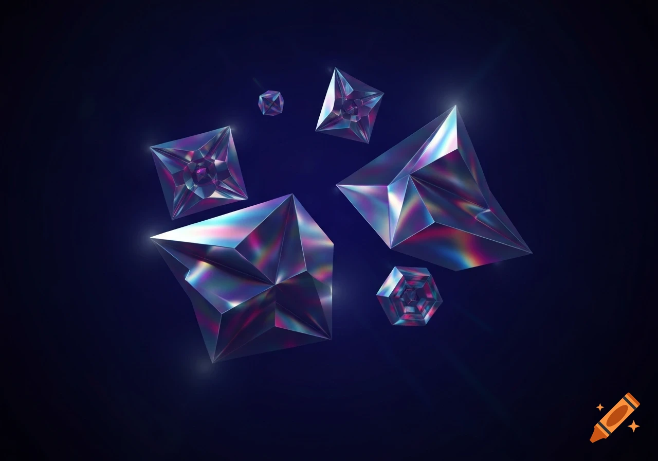 Iridescent geometric crystal shapes glowing and floating against a dark blue background.