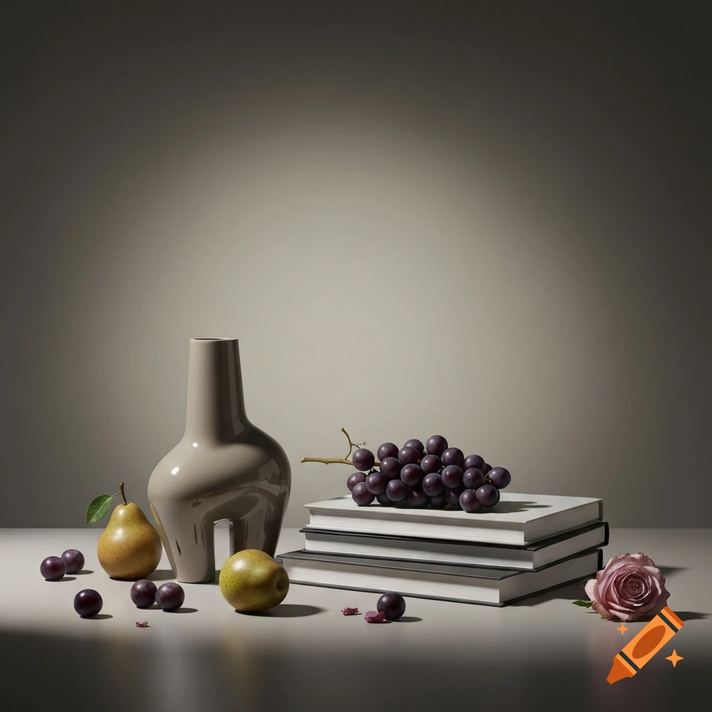 A contemporary still life with a beige sculptural vase, a bunch of purple grapes on a stack of books, pears, plums, and a pink rose on a light surface.