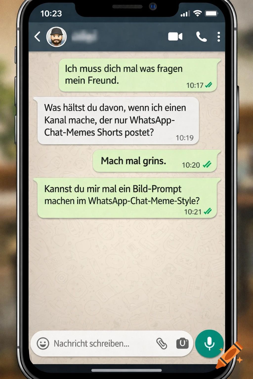 A close-up of a smartphone screen displaying a WhatsApp chat in German with green and gray message bubbles.