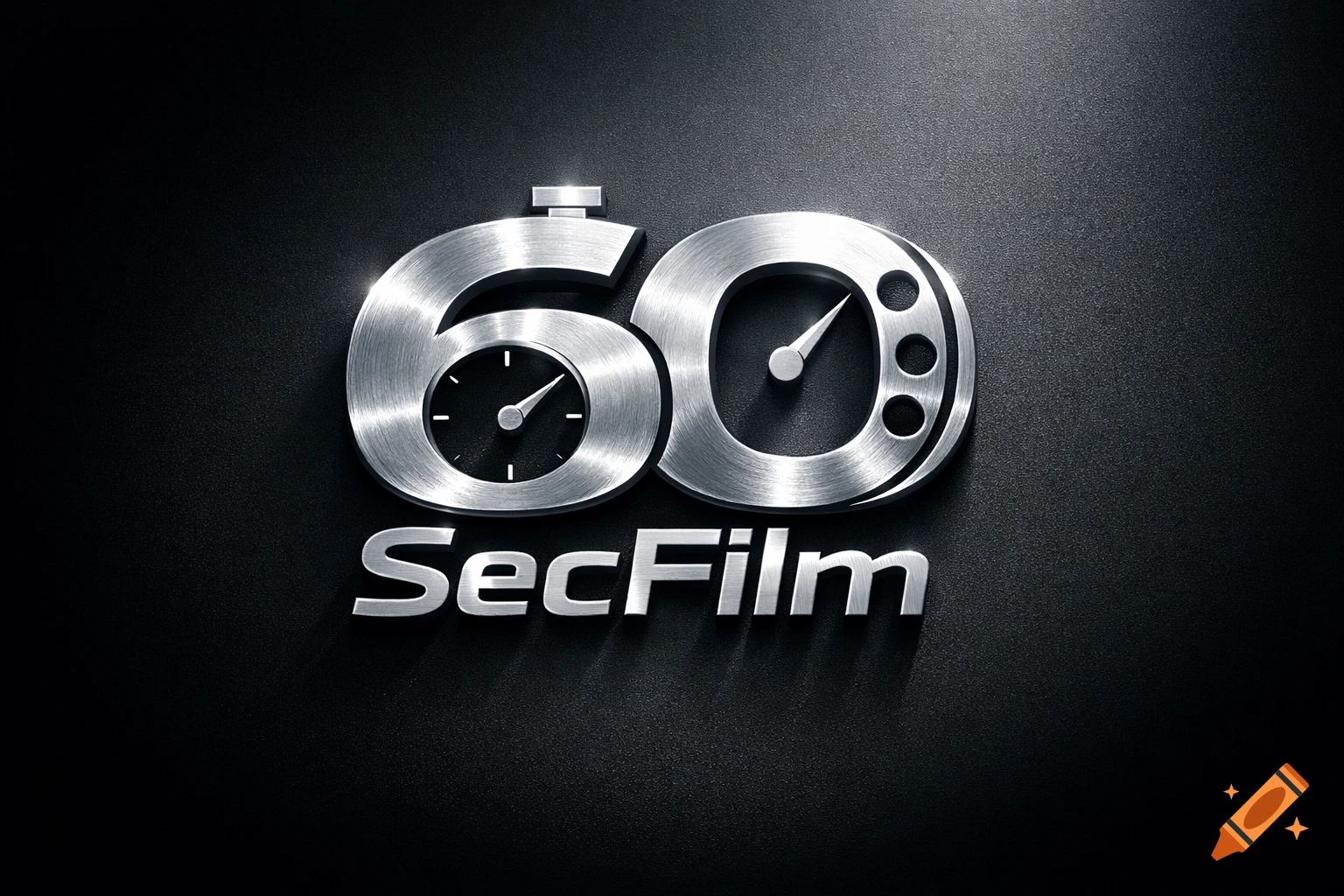 A 3D metallic logo for '60 SecFilm' on a dark background, featuring stopwatch elements within the '60' numbers.