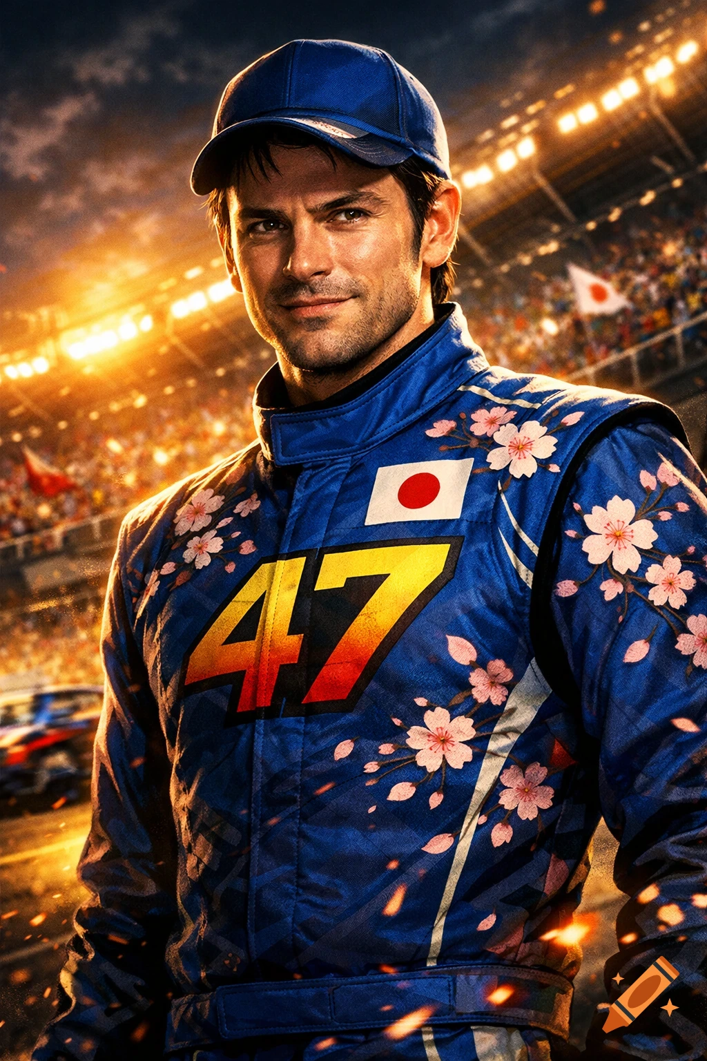 A male racer in a blue suit with cherry blossoms and a Japanese flag, numbers 47 on his chest, in a brightly lit stadium.