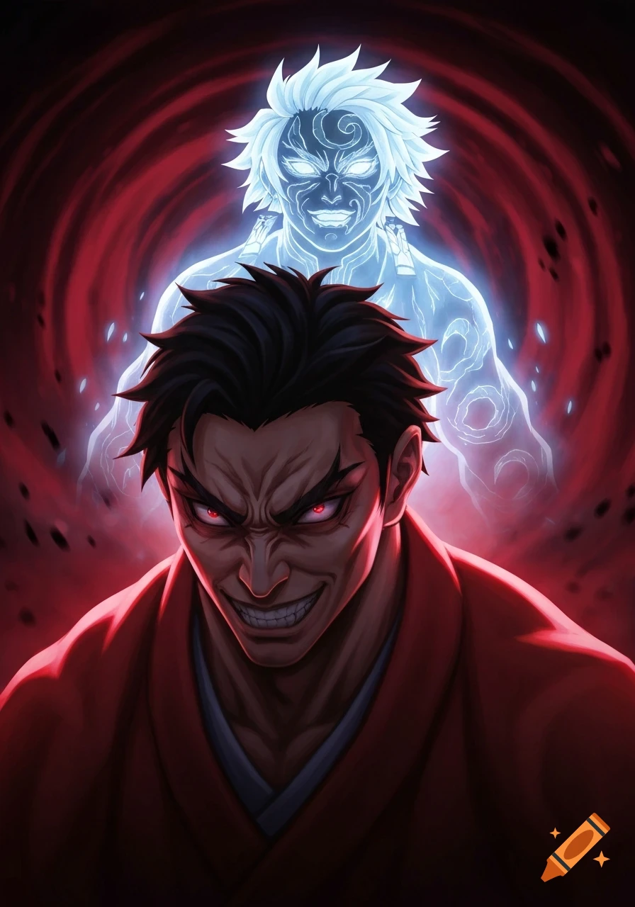 Anime art of a menacing dark-haired man with red eyes in a red robe, with a glowing blue ghost-like figure behind him.