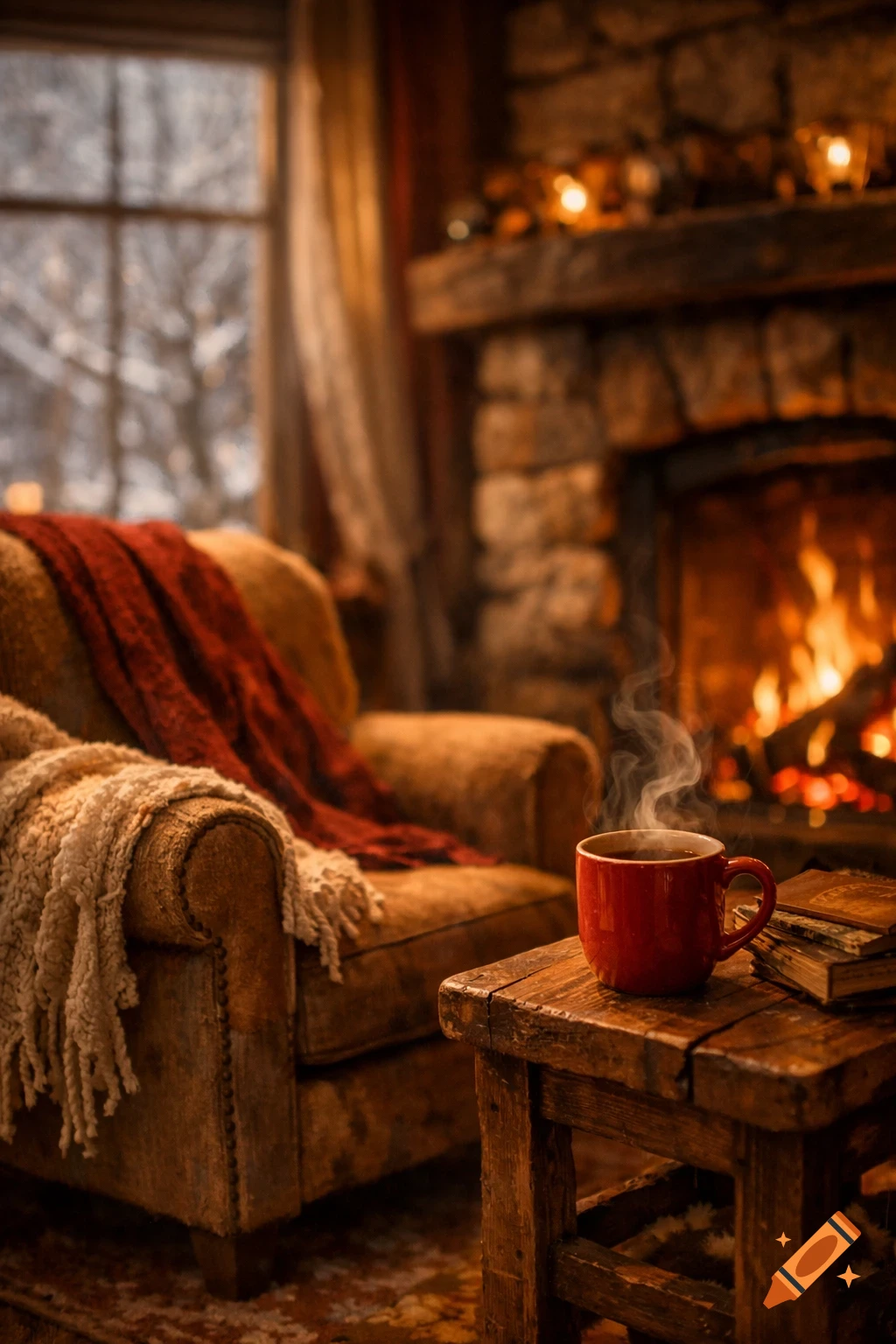 A cozy photorealistic interior with a steaming red mug on a rustic table, an armchair with blankets, a warm fireplace, and a snowy window.