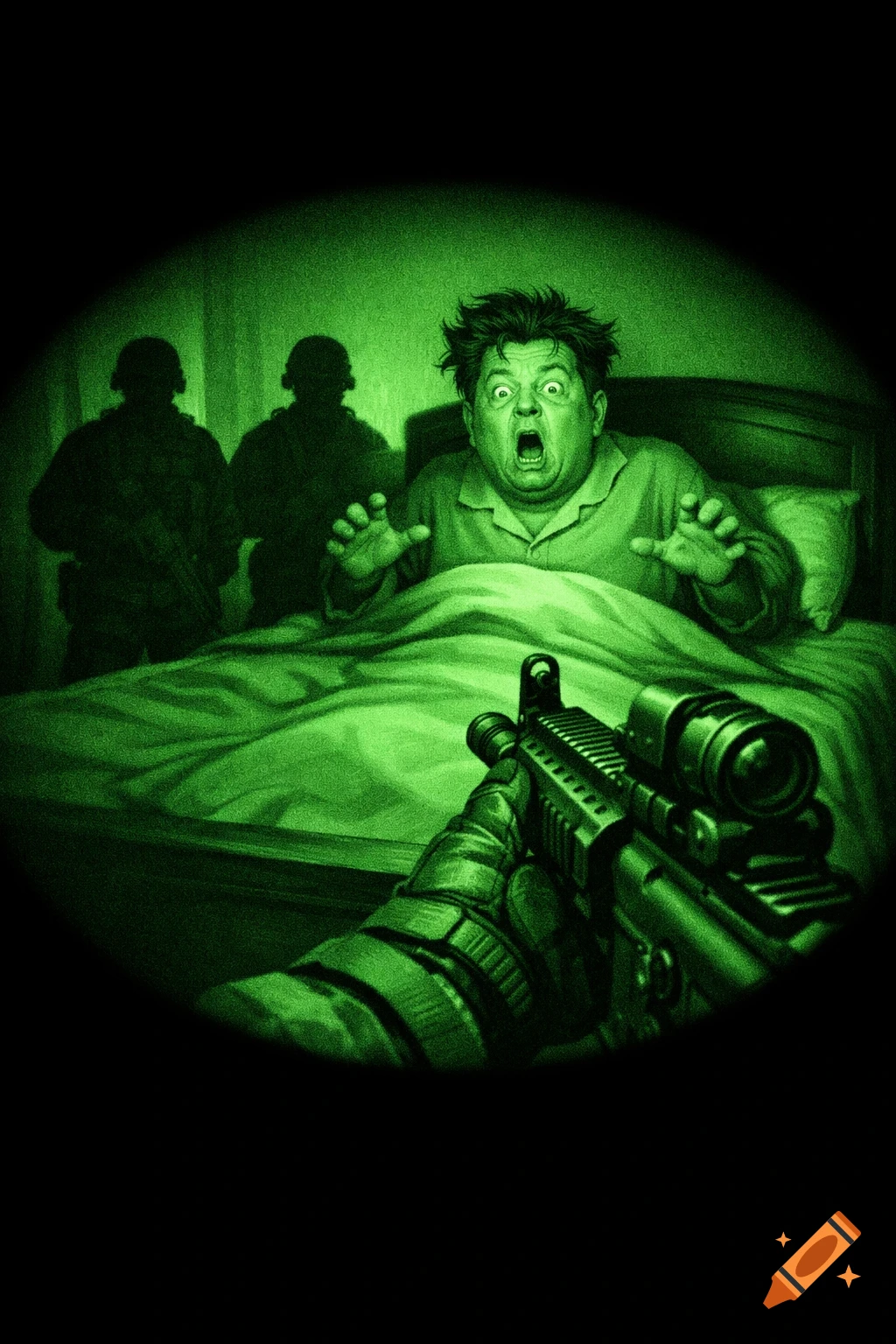 First-person view through green night vision goggles of a shocked man in bed, startled by silhouetted special forces soldiers pointing a rifle.