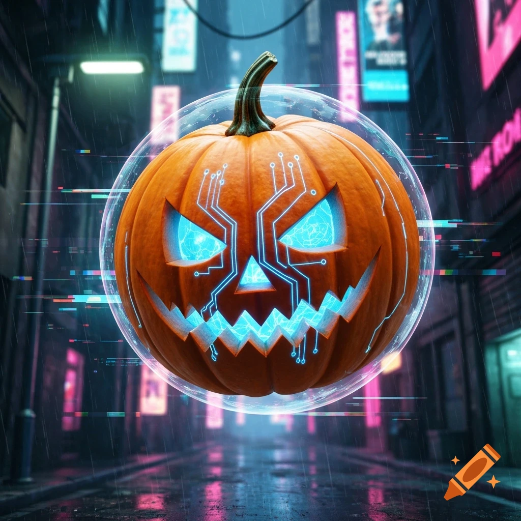 A glowing cyberpunk jack-o'-lantern with circuit patterns, enclosed in a holographic sphere, floats in a rainy neon city alley.