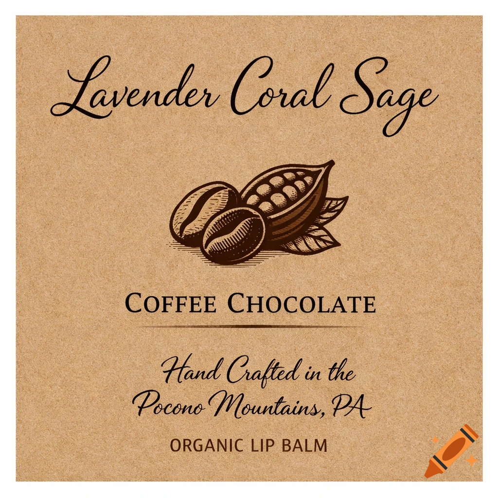 Kraft brown lip balm label with black text 'Lavender Coral Sage', 'COFFEE CHOCOLATE', 'Hand Crafted in the Pocono Mountains, PA', and 'ORGANIC LIP BALM', featuring coffee beans and a cacao pod.