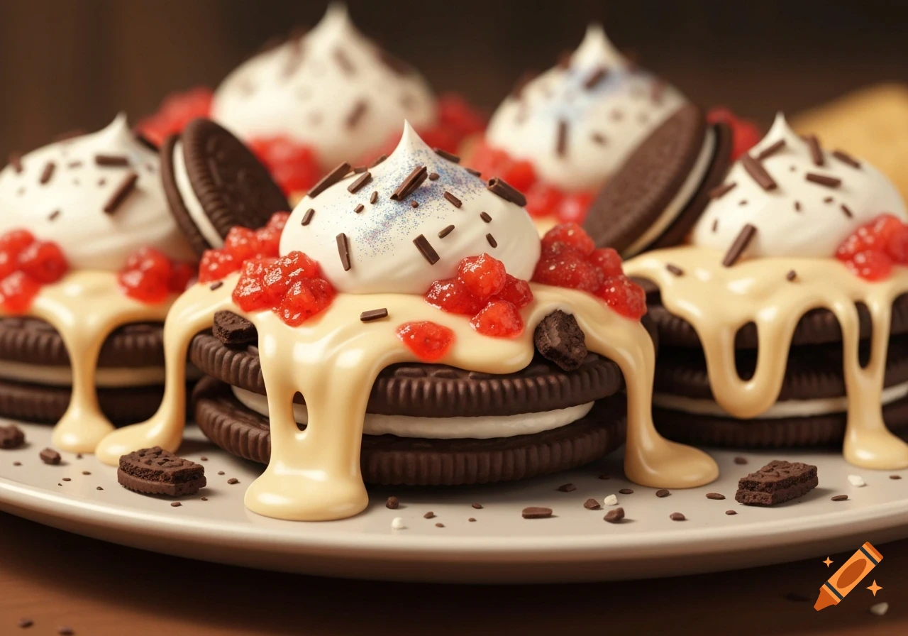 Multiple Oreo-like cookie desserts on a white plate, topped with white cream, yellow sauce, red fruit, and chocolate sprinkles.