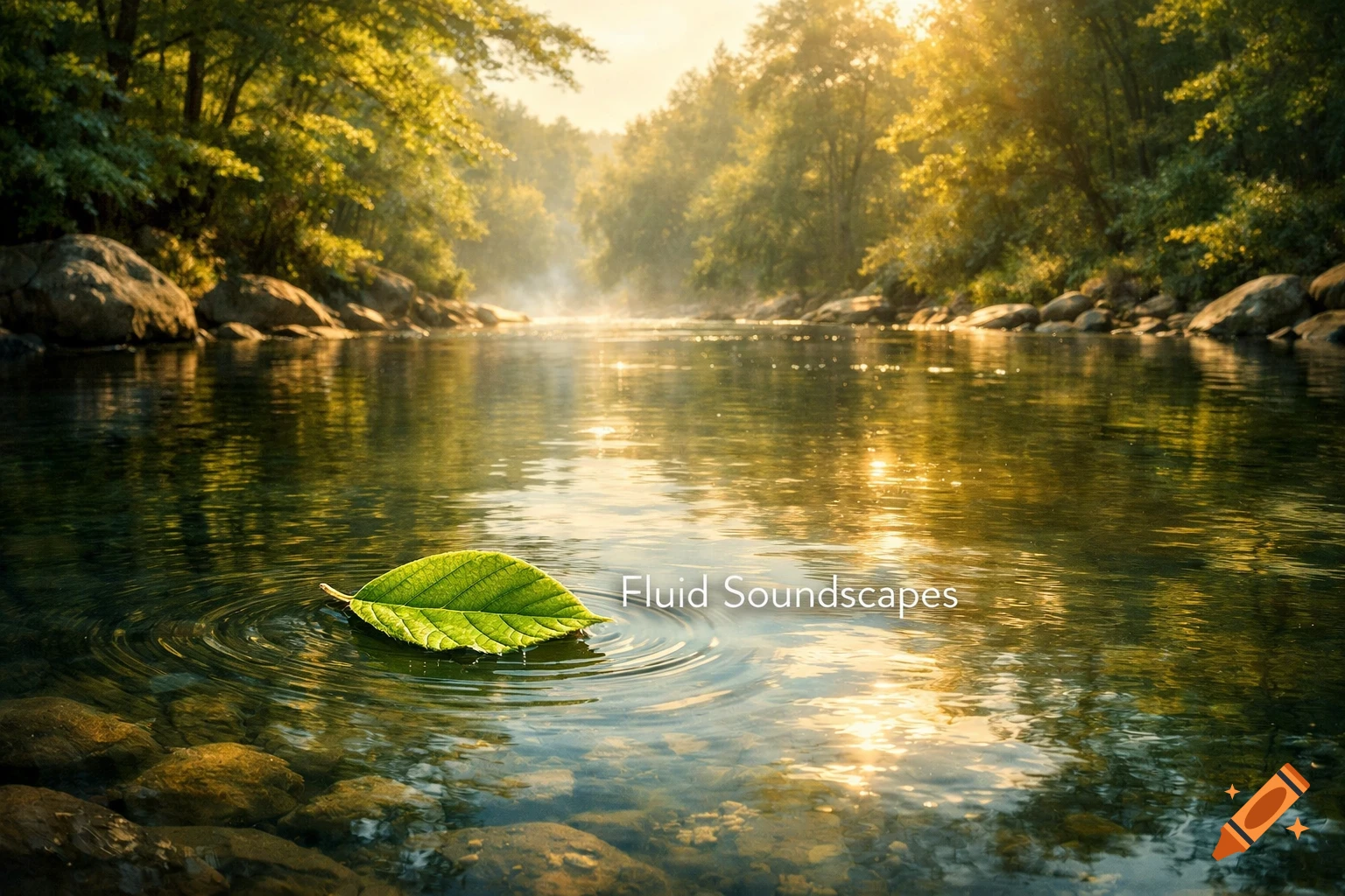 Photorealistic sunny river landscape with a green leaf floating on calm water, surrounded by lush forest and reflected golden sunlight. Text 'Fluid Soundscapes'.