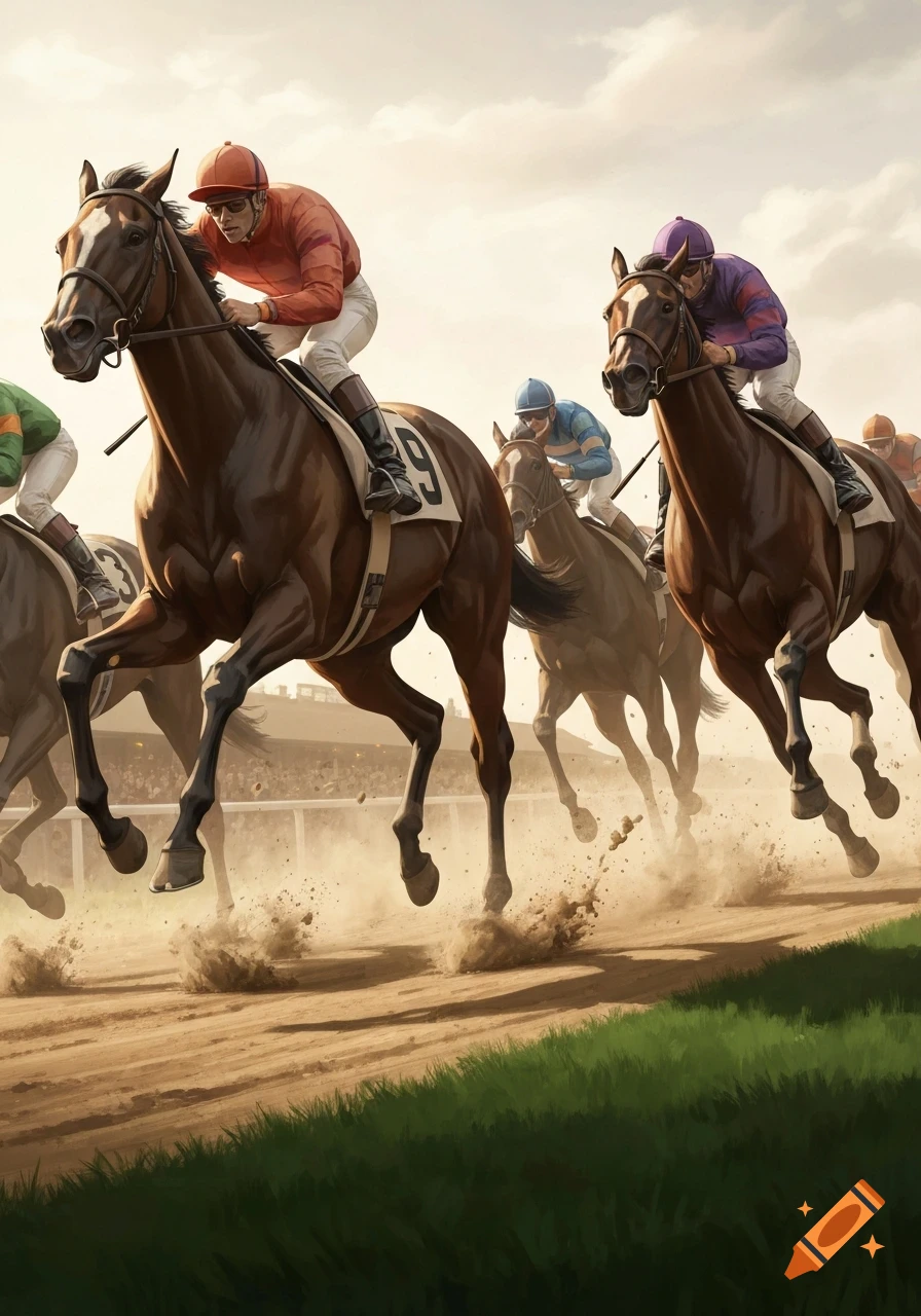 Jockeys in colorful silks ride galloping horses kicking up dust on a dirt racetrack under a cloudy sky.