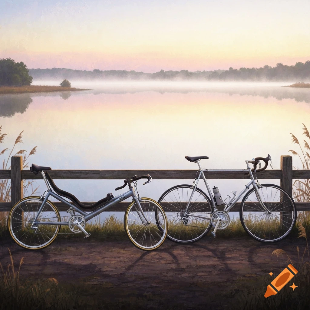 A recumbent bicycle and a road bicycle parked by a misty lake at sunrise.