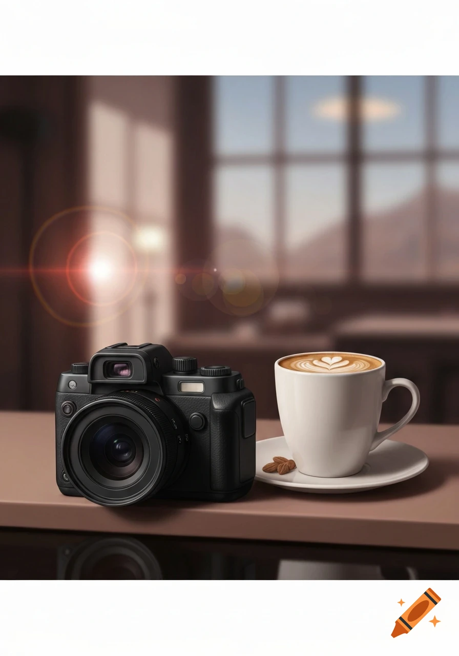 A black camera and a white cup of latte art coffee on a brown table in a softly lit indoor setting with a window.