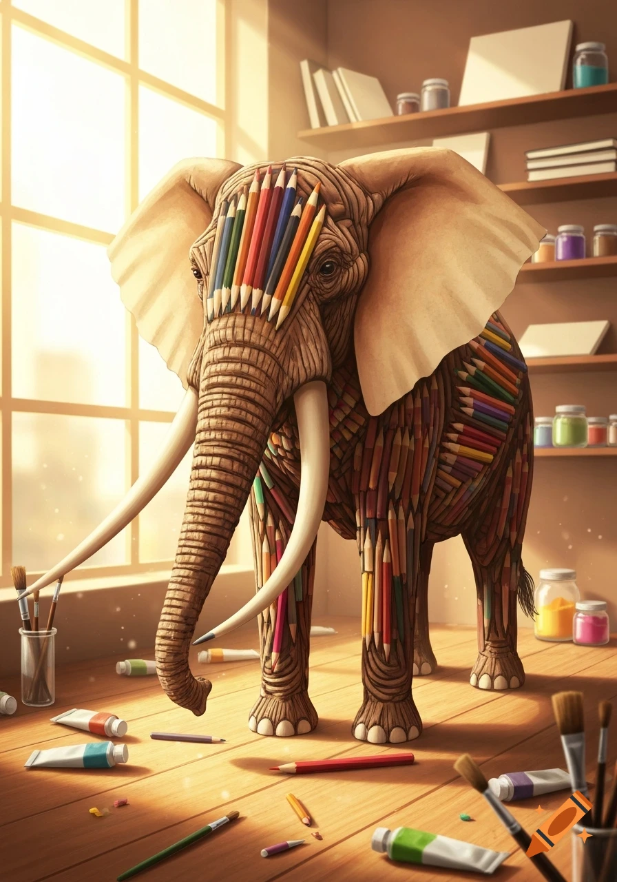 An elephant with a body made of colored pencils stands in a bright art studio, surrounded by paint tubes and brushes.