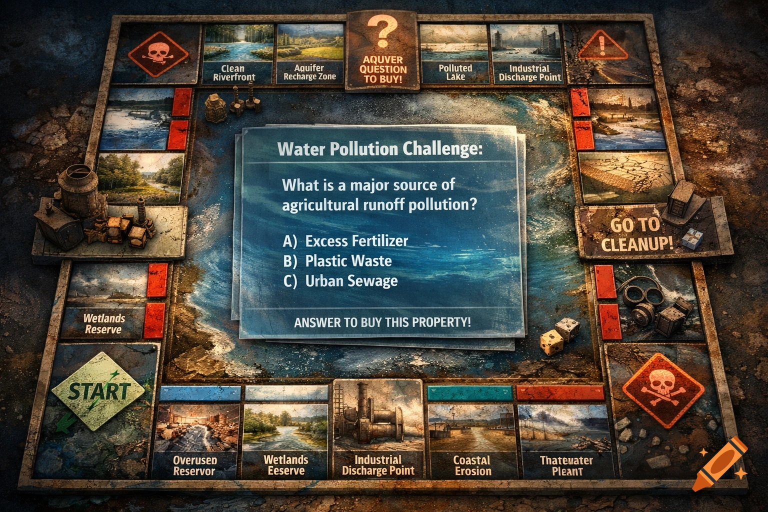 An overhead view of a board game, styled like Monopoly, with an environmental water pollution theme. A central question card asks about agricultural runoff, and board spaces depict various water features and industrial points, some with legible and some with garbled text.