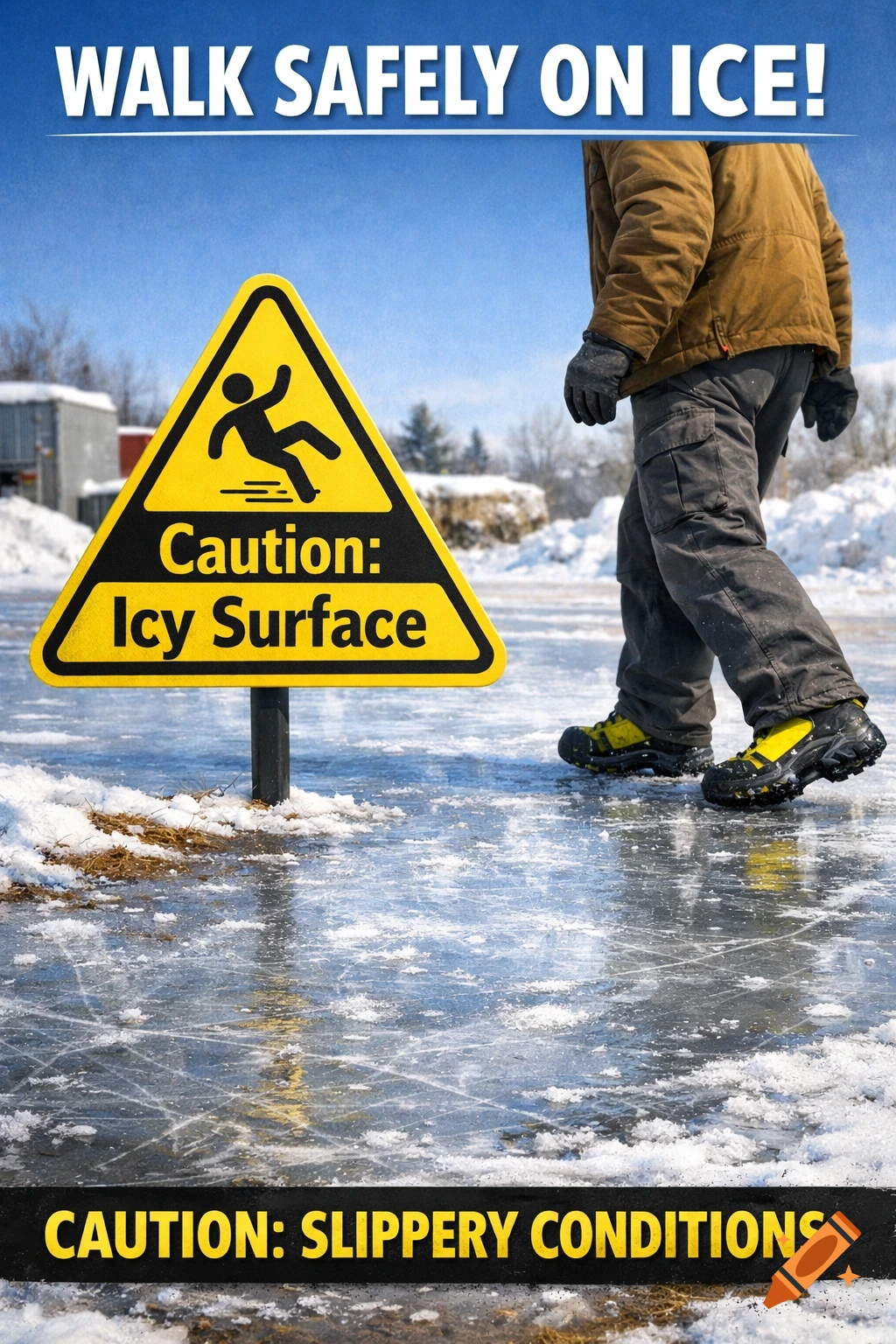 A person in winter gear walks on an icy surface next to a yellow 'Caution: Icy Surface' sign. Text banners read 'WALK SAFELY ON ICE!' and 'CAUTION: SLIPPERY CONDITIONS'.