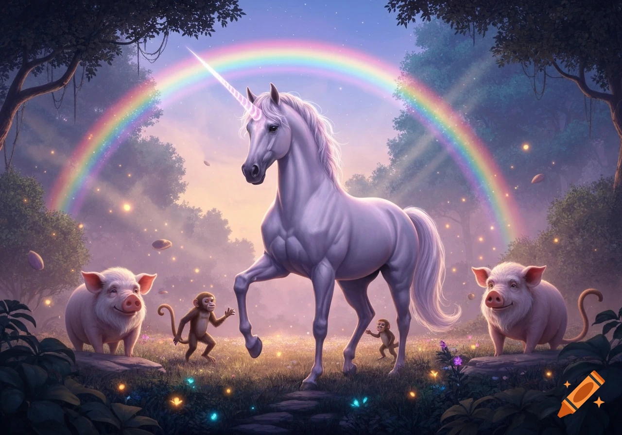 A majestic white unicorn stands in an enchanted forest with two happy pigs, two small monkeys, a vibrant rainbow, and glowing lights.