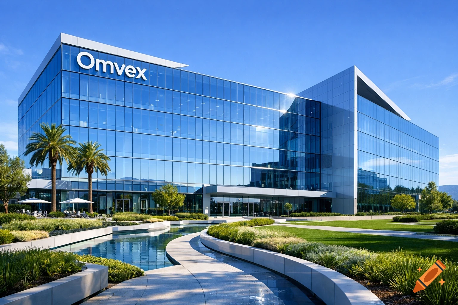 A modern glass office building with "Omvex" signage, surrounded by palm trees, manicured lawns, and a winding water feature under a clear blue sky.