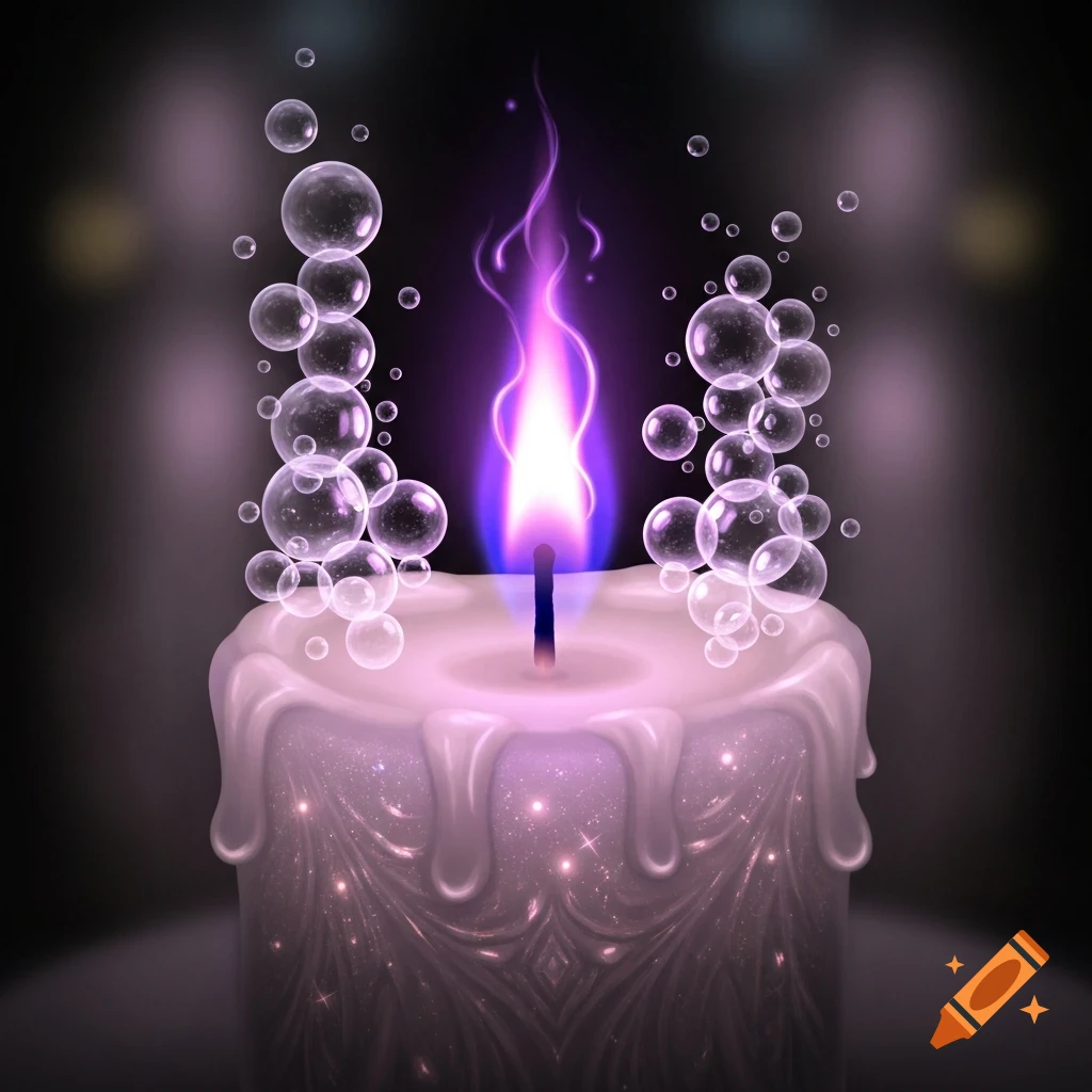 A glowing purple flame rises from an intricately designed white candle with shimmering details and bubbles floating around it.